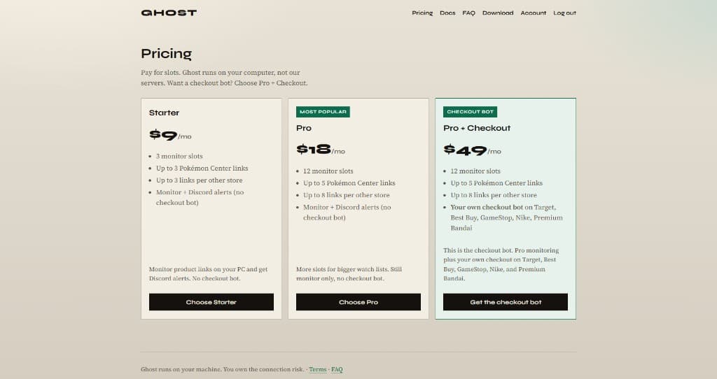 Ghost pricing tiers — Starter, Pro, and Pro + Checkout