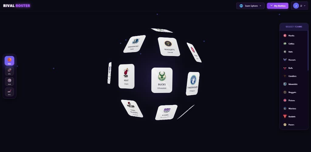 Rival Roster Team Sphere for browsing NBA teams